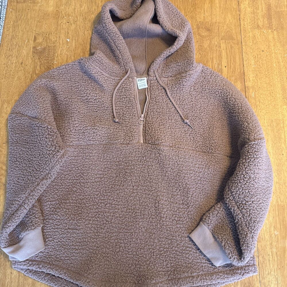 Victoria's Secret PINK Solid Brown Varsity Sherpa quarter Zip Pullover Hoodie XL